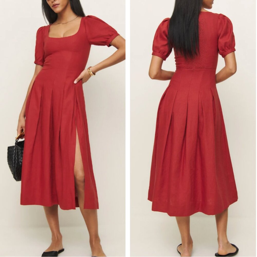 Reformation Coucou Linen Midi Dress - Sundried Tomato Red French Valentine's Day